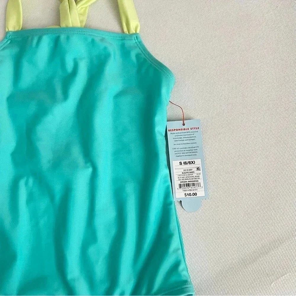 One Piece Swimsuit Cat & Jack Teal Lime Back Detail Size Small (6/6X6) UPF 50+